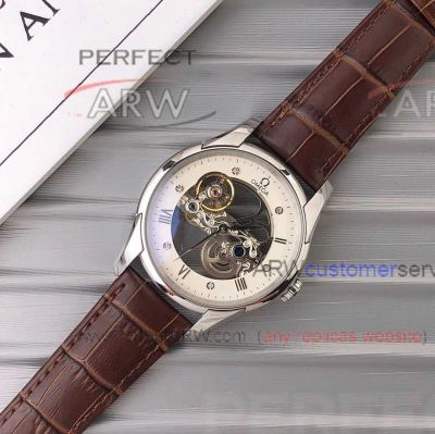 Perfect Replica Omega Deville Tourbillon Hollow Face Brown Leather 42mm Watch